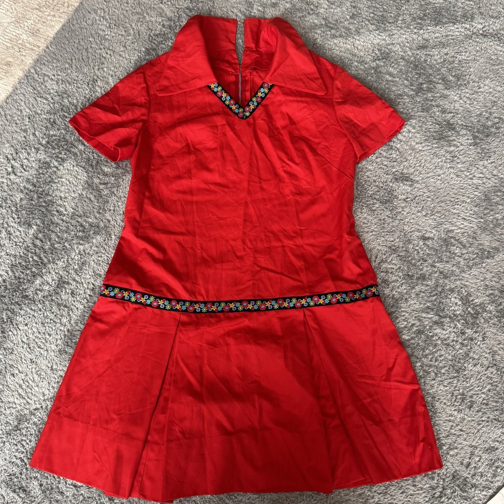 Unbranded Womens Vintage 70s Mod Mini Dress Small Red Floral Embroidered Trim